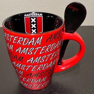 DECO WORLD Amsterdam Netherlands Black Red & White Souvenir Mug w/Ceramic Spoon